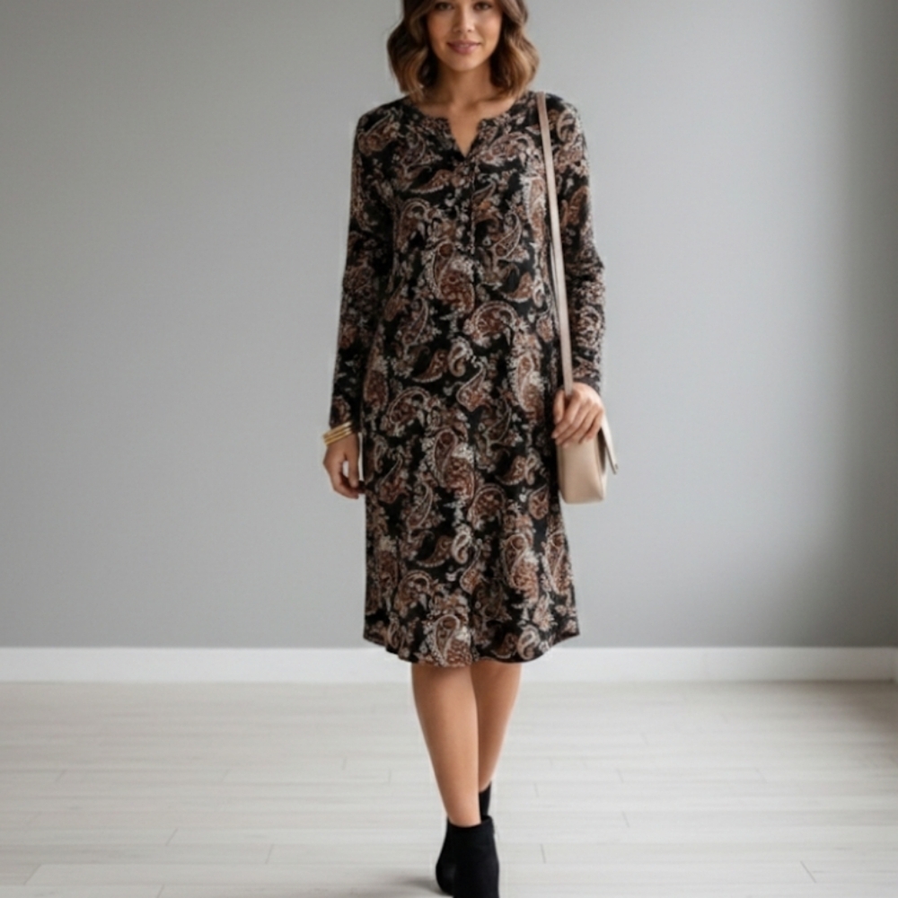 Versona Black and Brown Paisley Long Sleeve Dress Women's Medium Western Boho